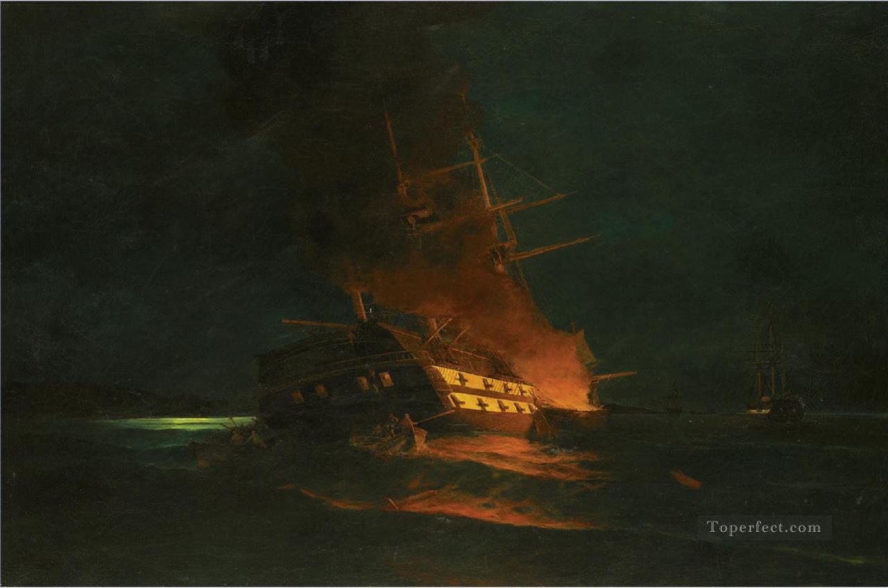 コンスタンティノス・ヴォラナキス海戦によるトルコのフリゲート艦炎上2油絵